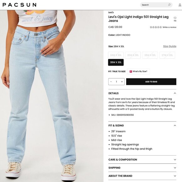 Levi's 501 Straight Leg Jeans, Light Blue - Picture 4 of 8